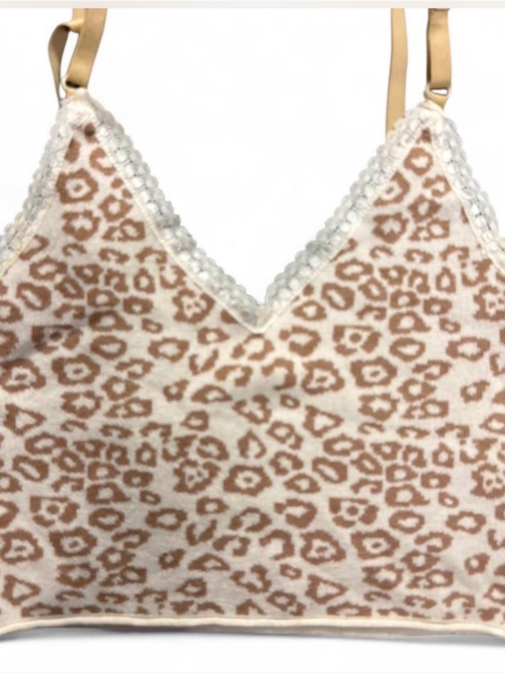 SHEIN Cream and Tan Leopard Print Lace-Trim Crop Top